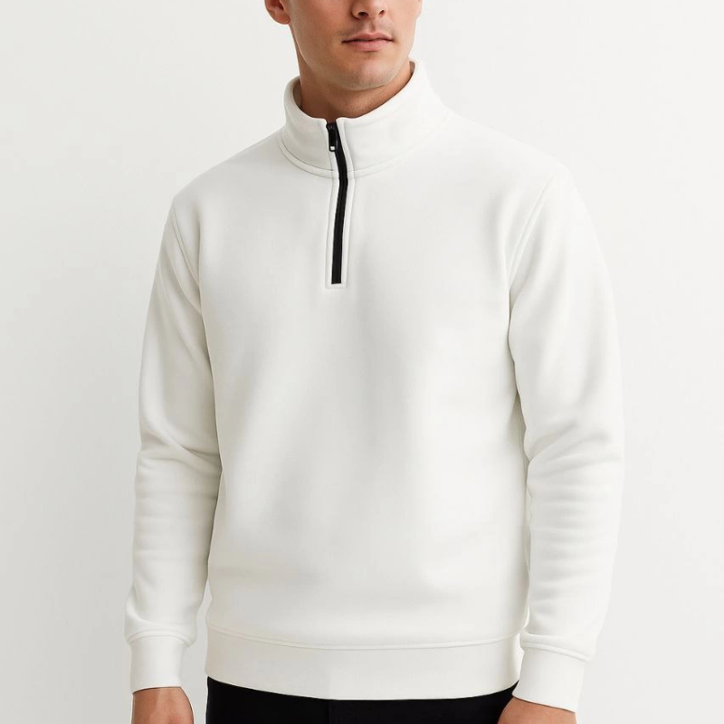 Dik Yaka Sweatshirt Dik Yaka Yarım Fermuarlı 3 İplik Şardonlu Pamuk Kumaş - Beyaz -