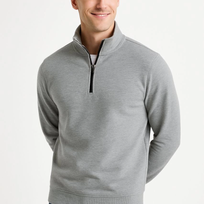 Dik Yaka Sweatshirt Dik Yaka Yarım Fermuarlı 3 İplik Şardonlu Pamuk Kumaş - Gri -