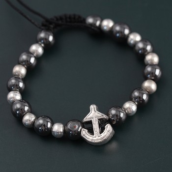 Doğal Taş Çapa Model Gümüş Ve Füme Renk Asansörlü Erkek Bileklik