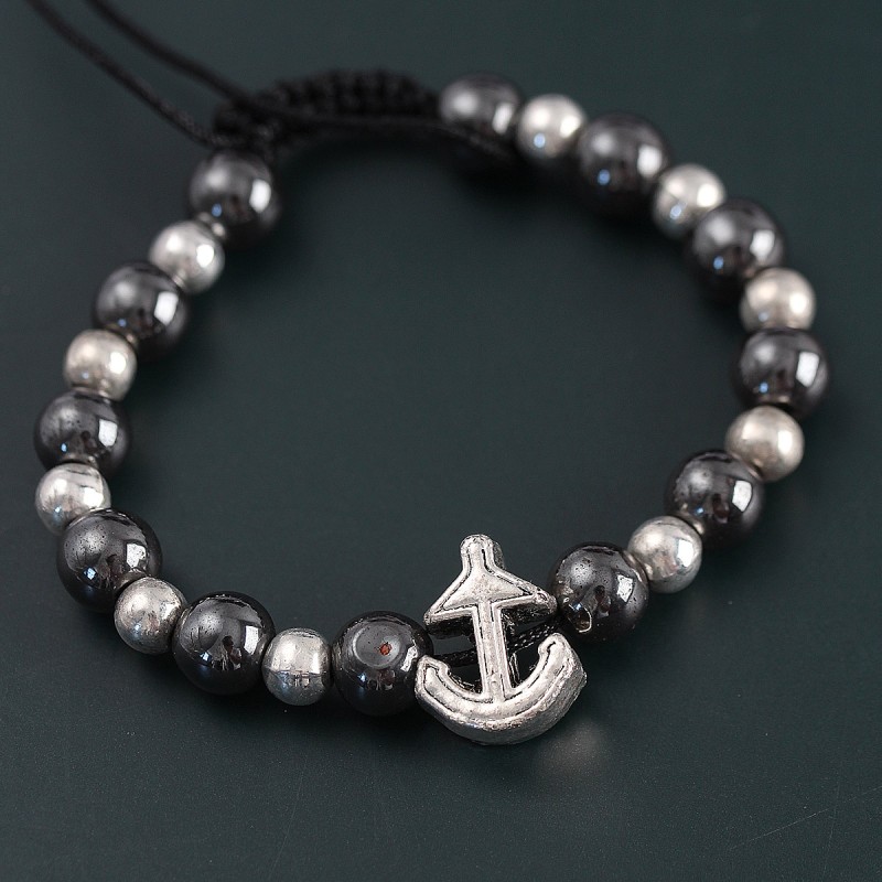 Doğal Taş Çapa Model Gümüş Ve Füme Renk Asansörlü Erkek Bileklik