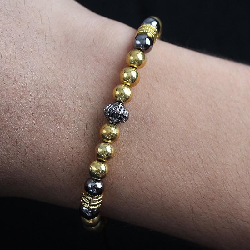 Doğal Taş Çember Model Gold Ve Füme Renk Asansörlü Erkek Bileklik