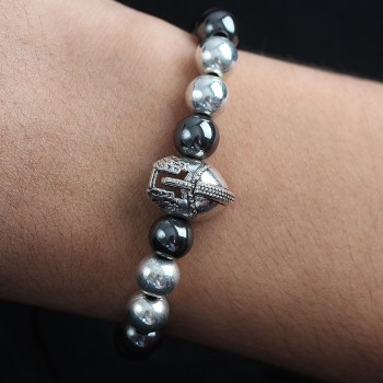 Doğal Taş Gladyatör Model Gümüş Ve Füme Renk Asansörlü Erkek Bileklik