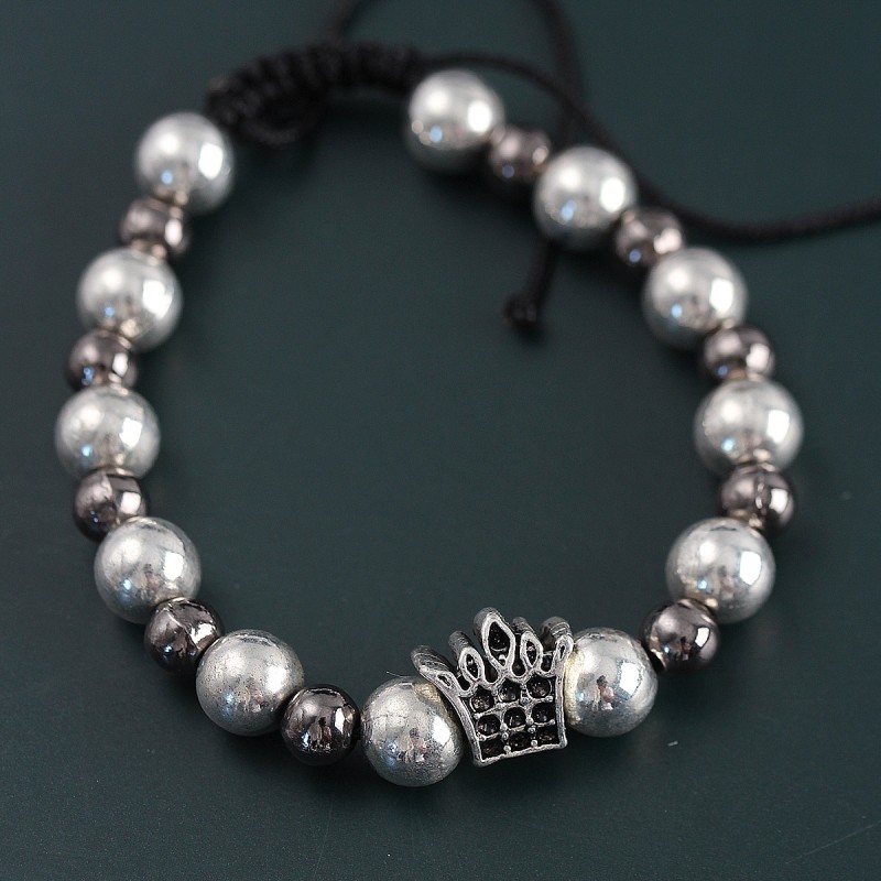 Doğal Taş Kral Tacı Model Gümüş Ve Füme Renk Asansörlü Erkek Bileklik