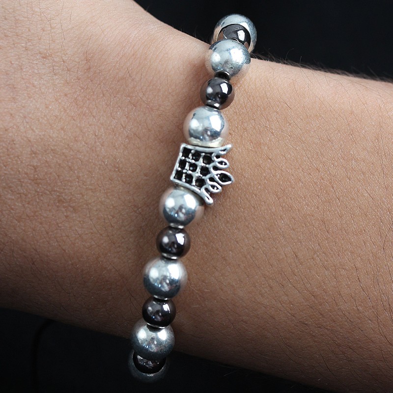 Doğal Taş Kral Tacı Model Gümüş Ve Füme Renk Asansörlü Erkek Bileklik