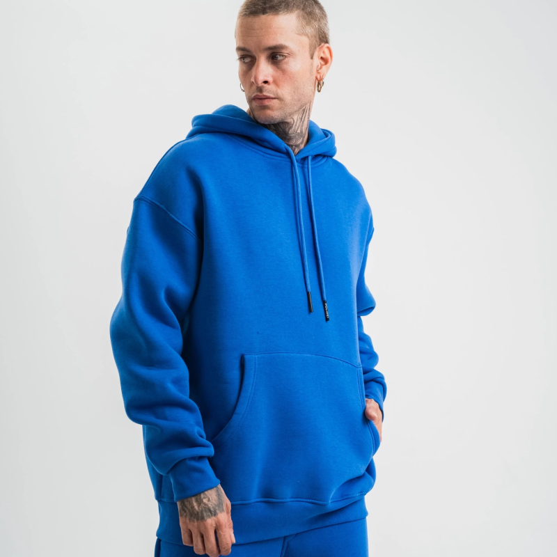 Double Oversize Kapşonlu Basic SweatShirt - Mavi -