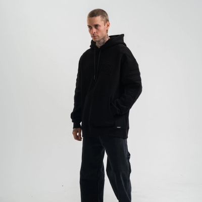 Double Oversize Kapşonlu Nakışlı SweatShirt - Siyah