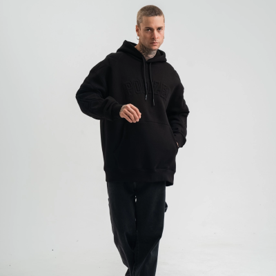 Double Oversize Kapşonlu Nakışlı SweatShirt - Siyah