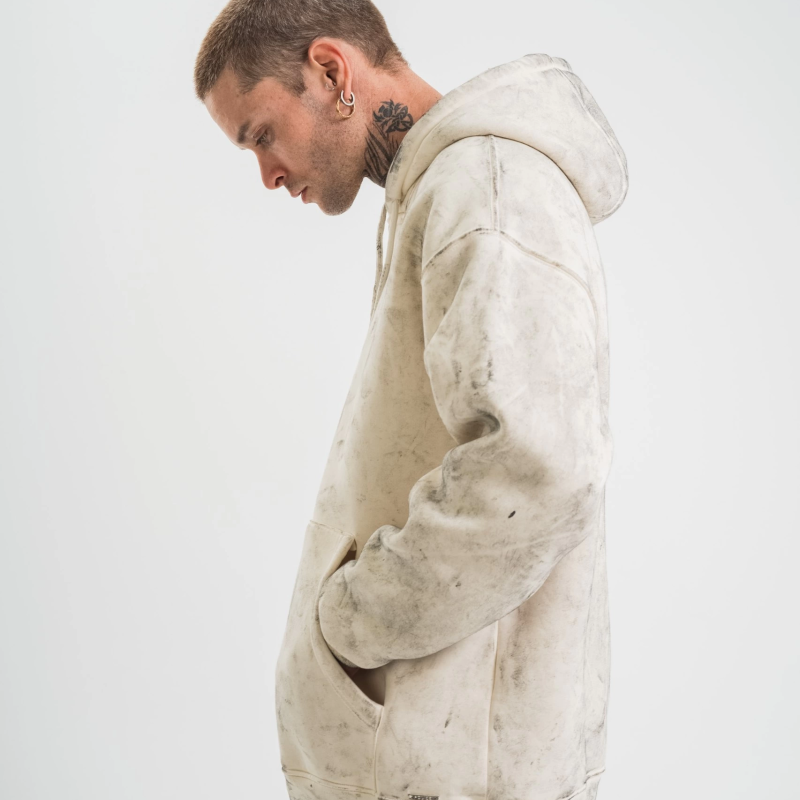 Double Oversize Kapşonlu Yıkamalı SweatShirt - Krem -