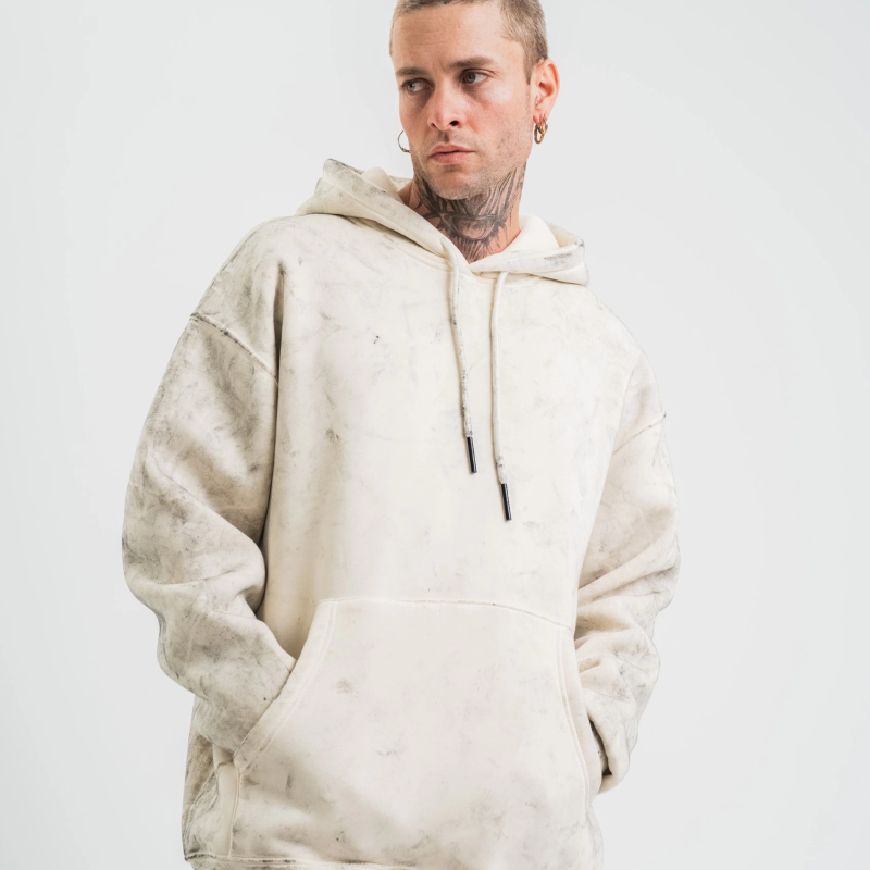 Double Oversize Kapşonlu Yıkamalı SweatShirt - Krem -