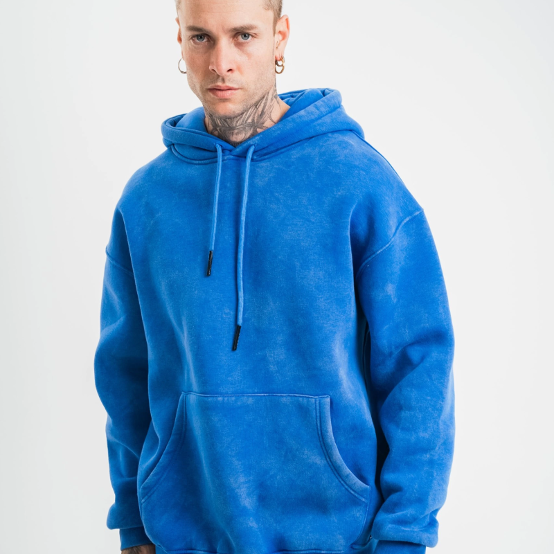 Double Oversize Kapşonlu Yıkamalı SweatShirt - Mavi -