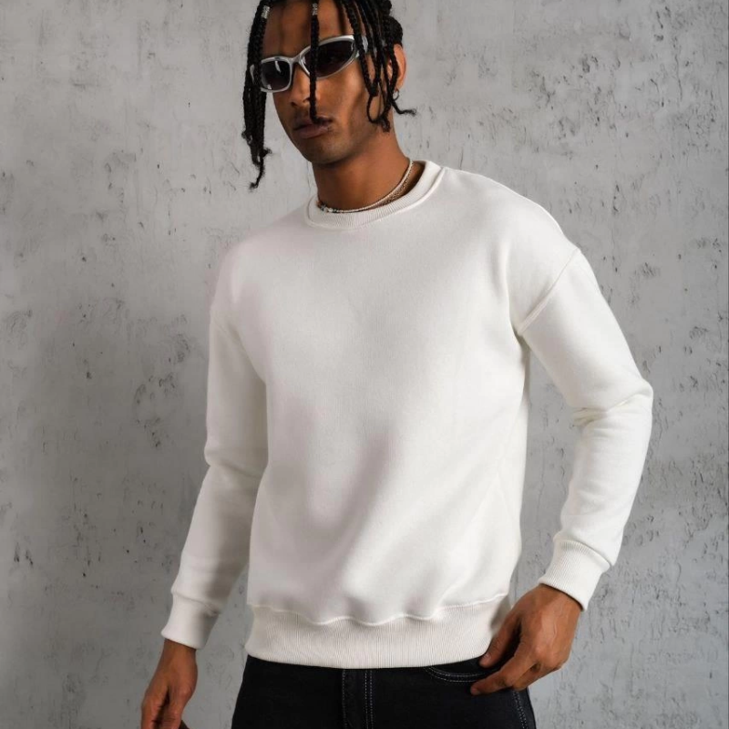 Düz Bisiklet Yaka Sweat - Beyaz