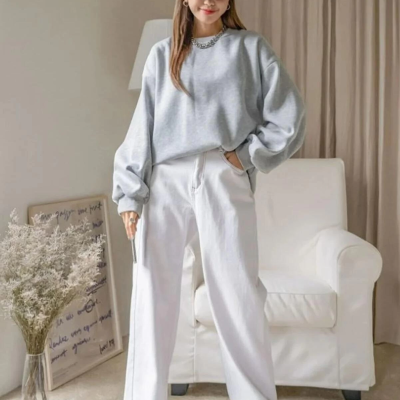 Düz Bisiklet Yaka Sweat - Gri -