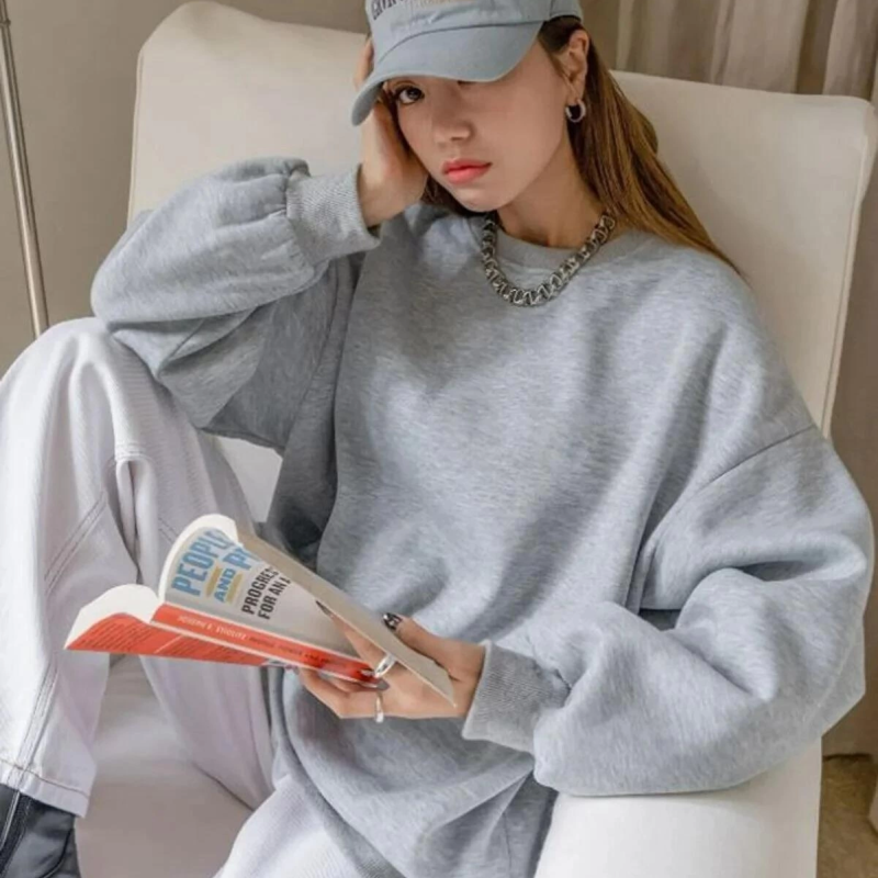 Düz Bisiklet Yaka Sweat - Gri -