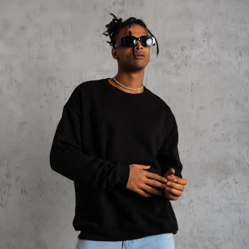 Düz Bisiklet Yaka Sweat - Siyah -