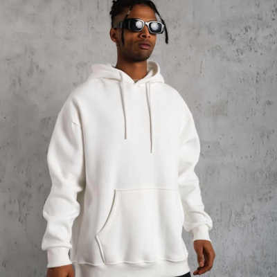 Düz Kapüşonlu Sweat - Beyaz -