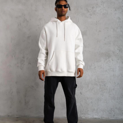 Düz Kapüşonlu Sweat - Beyaz -