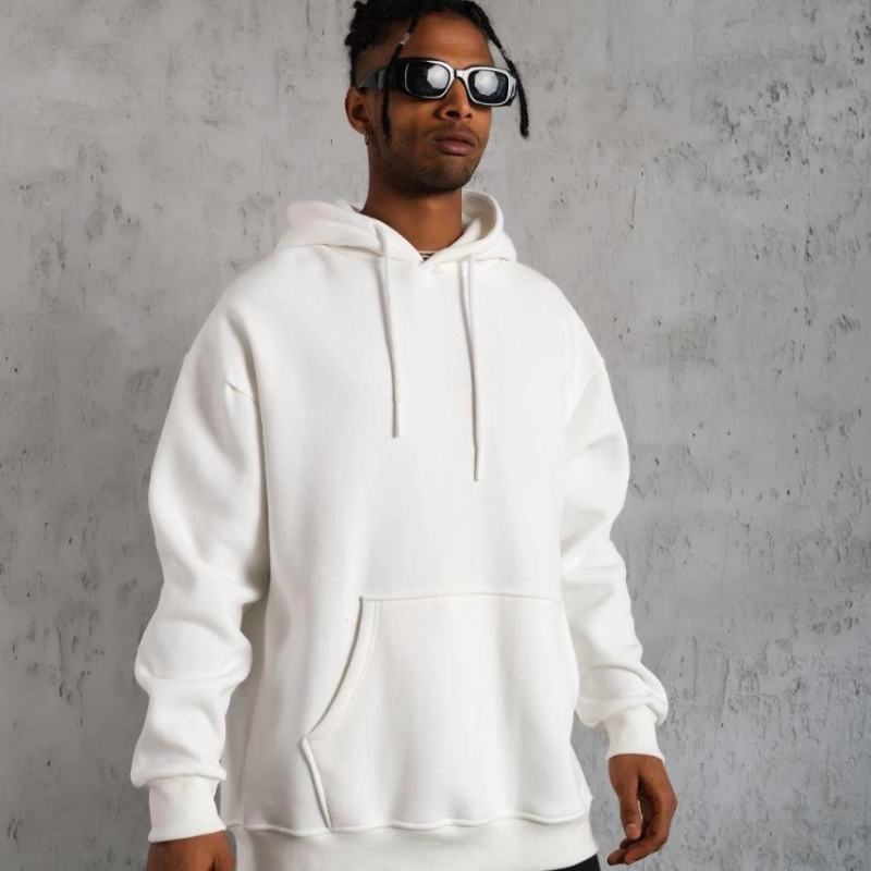 Düz Kapüşonlu Sweat - Beyaz -