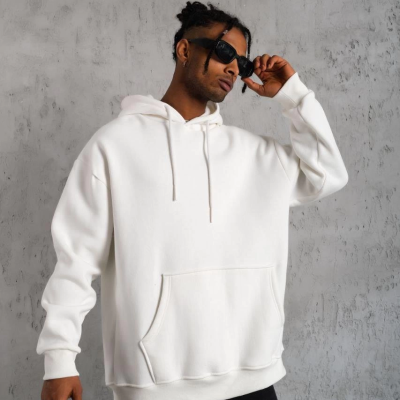 Düz Kapüşonlu Sweat - Beyaz -