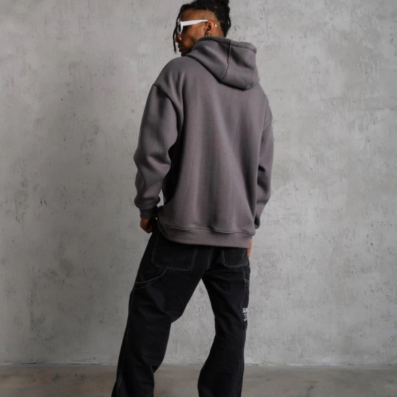 Düz Kapüşonlu Sweat - Gri -