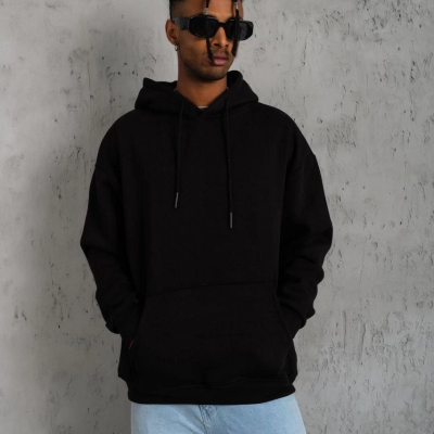 Düz Kapüşonlu Sweat - Siyah -