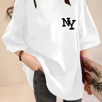 Eğlenceli Harf NY Baskılı Bisiklet Yaka Tişört- Beyaz -