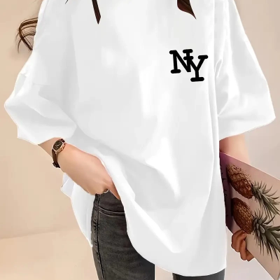 Eğlenceli Harf NY Baskılı Bisiklet Yaka Tişört- Beyaz -