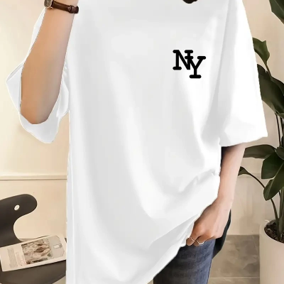 Eğlenceli Harf NY Baskılı Bisiklet Yaka Tişört- Beyaz -
