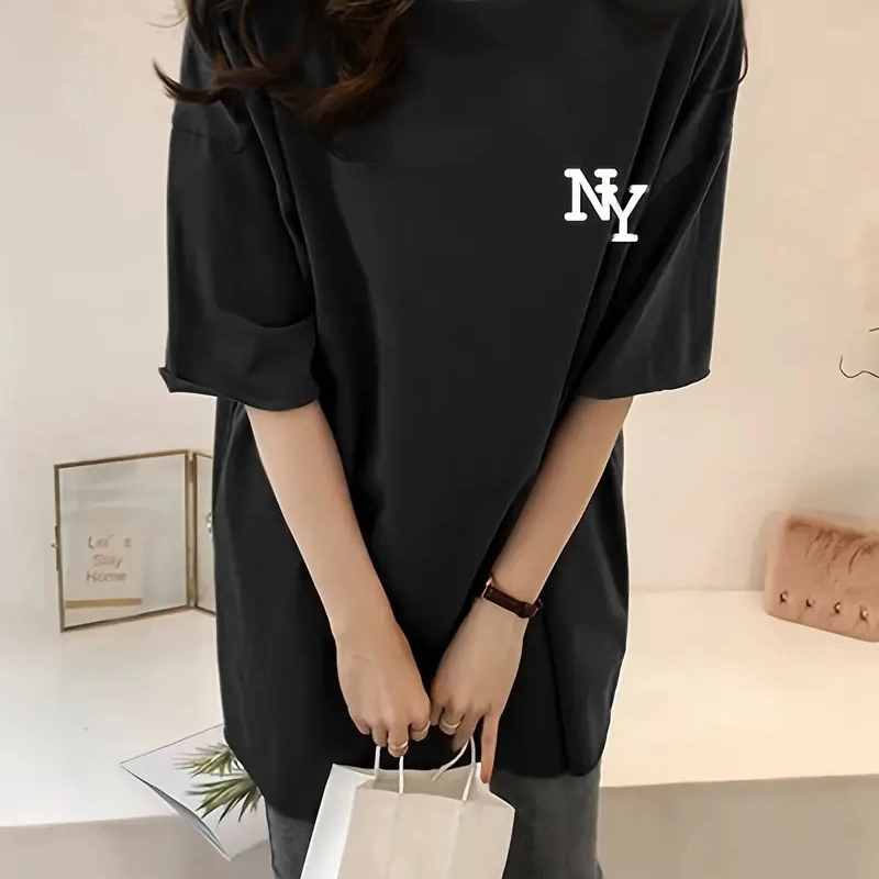 Eğlenceli Harf NY Baskılı Bisiklet Yaka Tişört - Siyah -