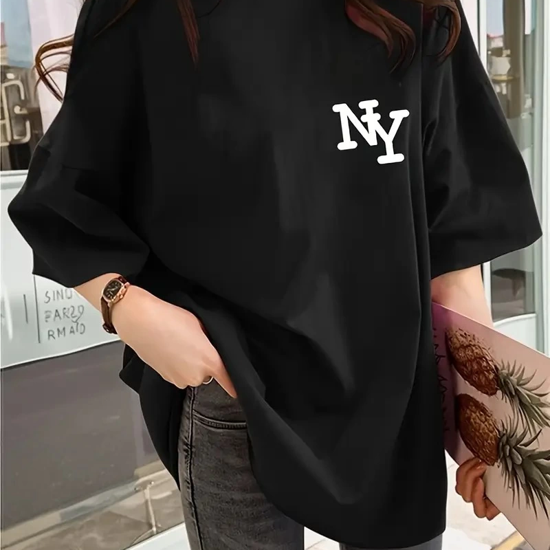 Eğlenceli Harf NY Baskılı Bisiklet Yaka Tişört - Siyah -