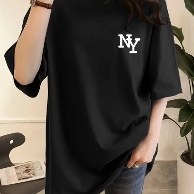 Eğlenceli Harf NY Baskılı Bisiklet Yaka Tişört - Siyah -