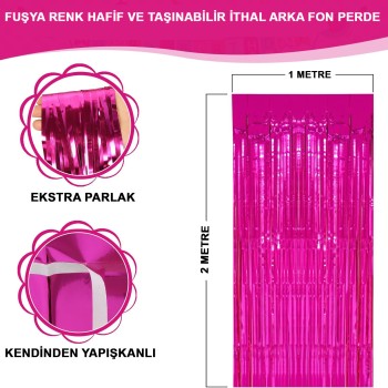 Ekstra Metalize Parlak Saçaklı Arka Fon Perde Fuşya