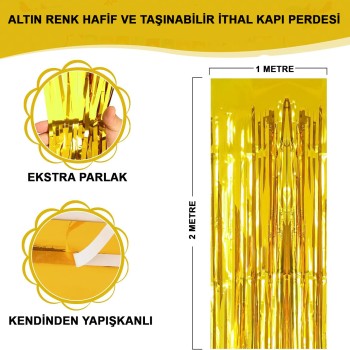 Ekstra Metalize Parlak Saçaklı Arka Fon Perde Gold