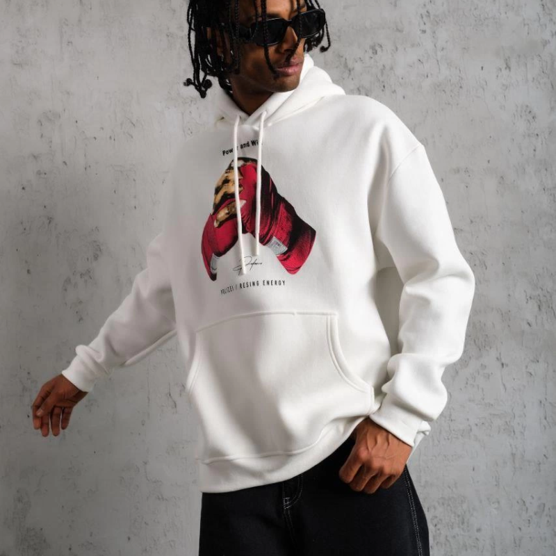 Eldiven Baskılı Kapüşonlu Sweat - Beyaz -