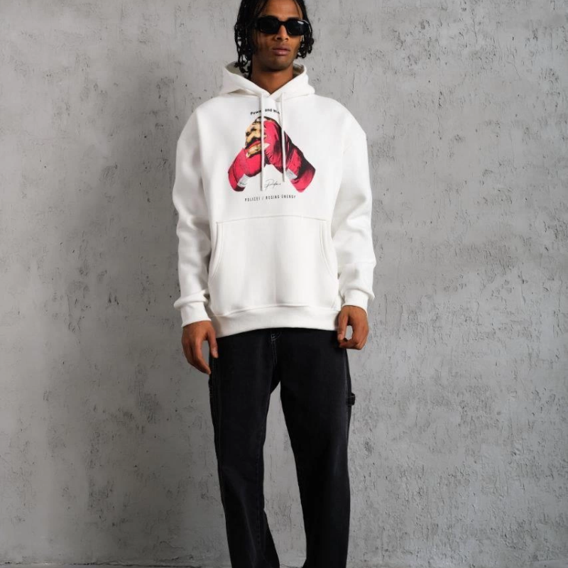 Eldiven Baskılı Kapüşonlu Sweat - Beyaz -