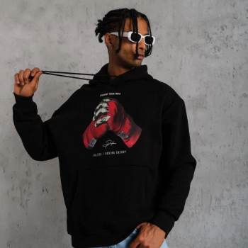 Eldiven Baskılı Kapüşonlu Sweat - Siyah -