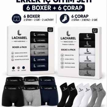 Erkek 12'li İç Giyim Seti Pamuklu 6 Boxer 6 Çorap Çoklu Paket - Siyah - Lacivert - Gri - Beyaz