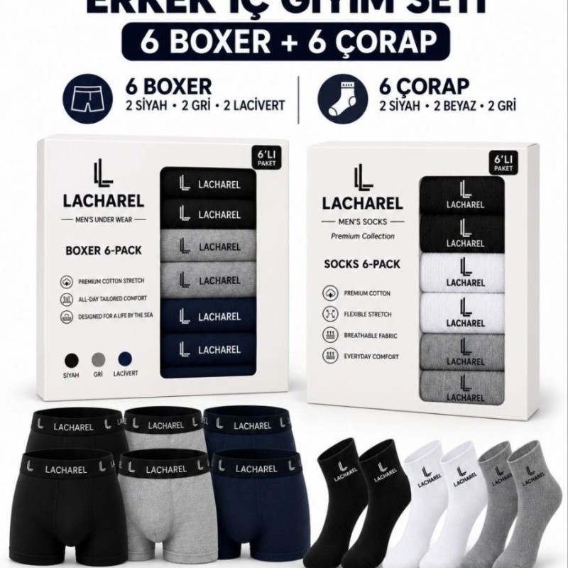 Erkek 12'li İç Giyim Seti Pamuklu 6 Boxer 6 Çorap Çoklu Paket - Siyah - Lacivert - Gri - Beyaz