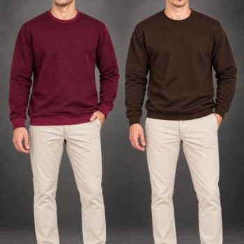 Erkek 2'Li Bisiklet Yaka İçi Şardonlu 2 İplik Düz Uzun Kollu Regular Fit Sweatshirt -Bordo & Kahverengi