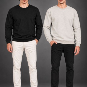 Erkek 2'Li Bisiklet Yaka İçi Şardonlu 2 İplik Düz Uzun Kollu Regular Fit Sweatshirt - Siyah & Gri