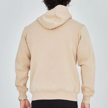 Erkek 3 İplik Pamuklu Fermuarlı Kapüşonlu Kanguru Cepli Baskılı Hoodie Hırka Sweatshirt - Bej