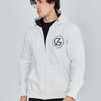 Erkek 3 İplik Pamuklu Fermuarlı Kapüşonlu Kanguru Cepli Baskılı Hoodie Hırka Sweatshirt - Beyaz