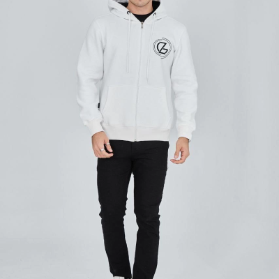 Erkek 3 İplik Pamuklu Fermuarlı Kapüşonlu Kanguru Cepli Baskılı Hoodie Hırka Sweatshirt - Beyaz