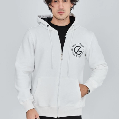Erkek 3 İplik Pamuklu Fermuarlı Kapüşonlu Kanguru Cepli Baskılı Hoodie Hırka Sweatshirt - Beyaz