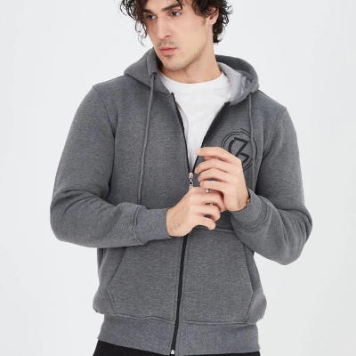 Erkek 3 İplik Pamuklu Fermuarlı Kapüşonlu Kanguru Cepli Baskılı Hoodie Hırka Sweatshirt - Füme