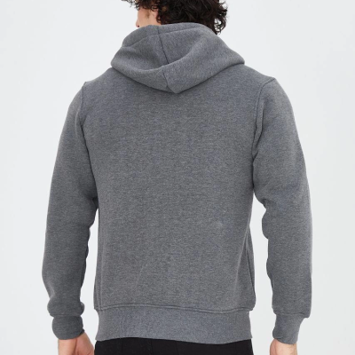 Erkek 3 İplik Pamuklu Fermuarlı Kapüşonlu Kanguru Cepli Baskılı Hoodie Hırka Sweatshirt - Füme