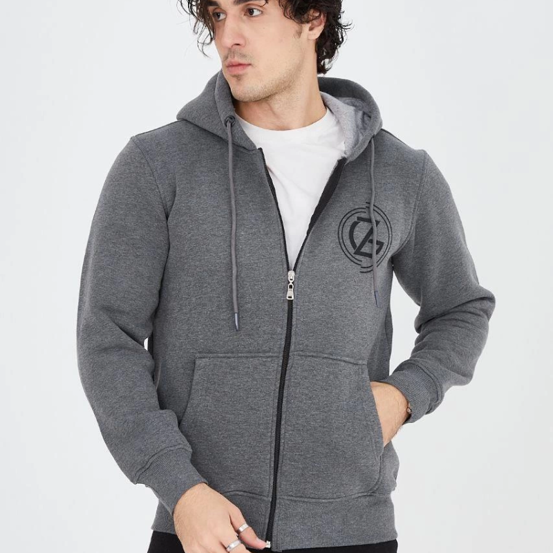 Erkek 3 İplik Pamuklu Fermuarlı Kapüşonlu Kanguru Cepli Baskılı Hoodie Hırka Sweatshirt - Füme