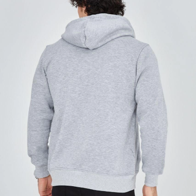 Erkek 3 İplik Pamuklu Fermuarlı Kapüşonlu Kanguru Cepli Baskılı Hoodie Hırka Sweatshirt -Gri