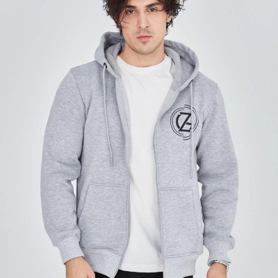 Erkek 3 İplik Pamuklu Fermuarlı Kapüşonlu Kanguru Cepli Baskılı Hoodie Hırka Sweatshirt -Gri
