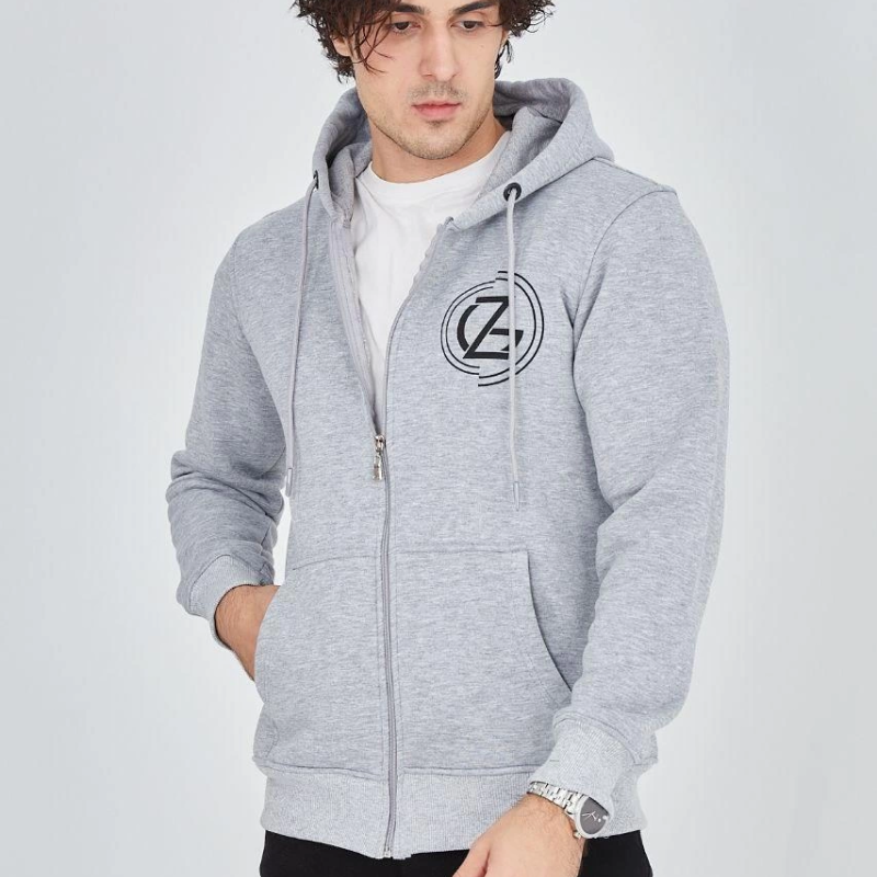 Erkek 3 İplik Pamuklu Fermuarlı Kapüşonlu Kanguru Cepli Baskılı Hoodie Hırka Sweatshirt -Gri