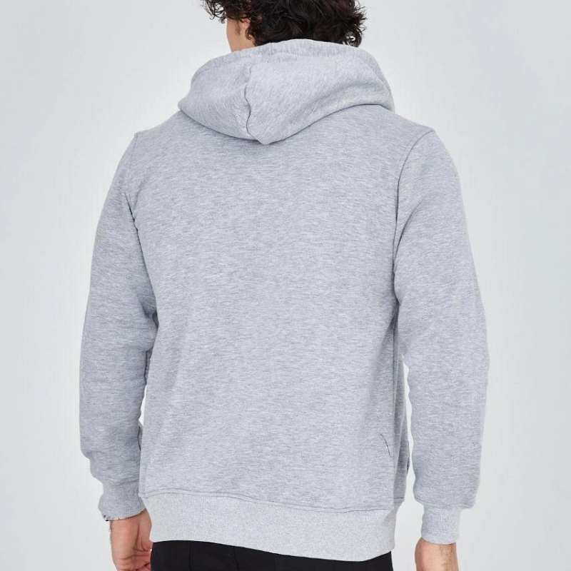 Erkek 3 İplik Pamuklu Fermuarlı Kapüşonlu Kanguru Cepli Baskılı Hoodie Hırka Sweatshirt -Gri